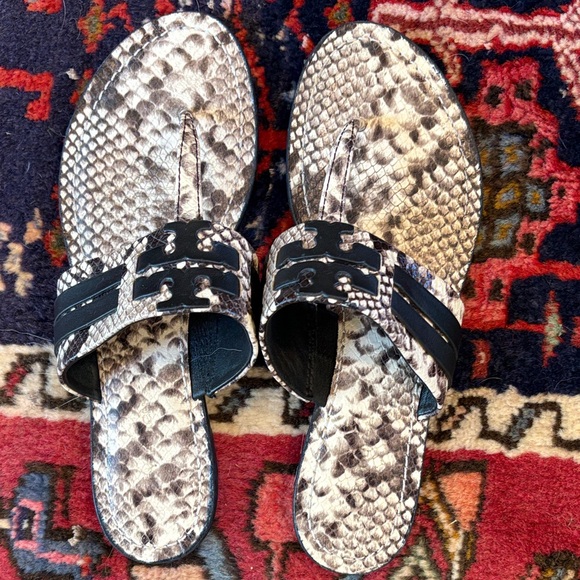 Tory Burch Snakeskin Sandals with Black Accents - Picture 1 of 6